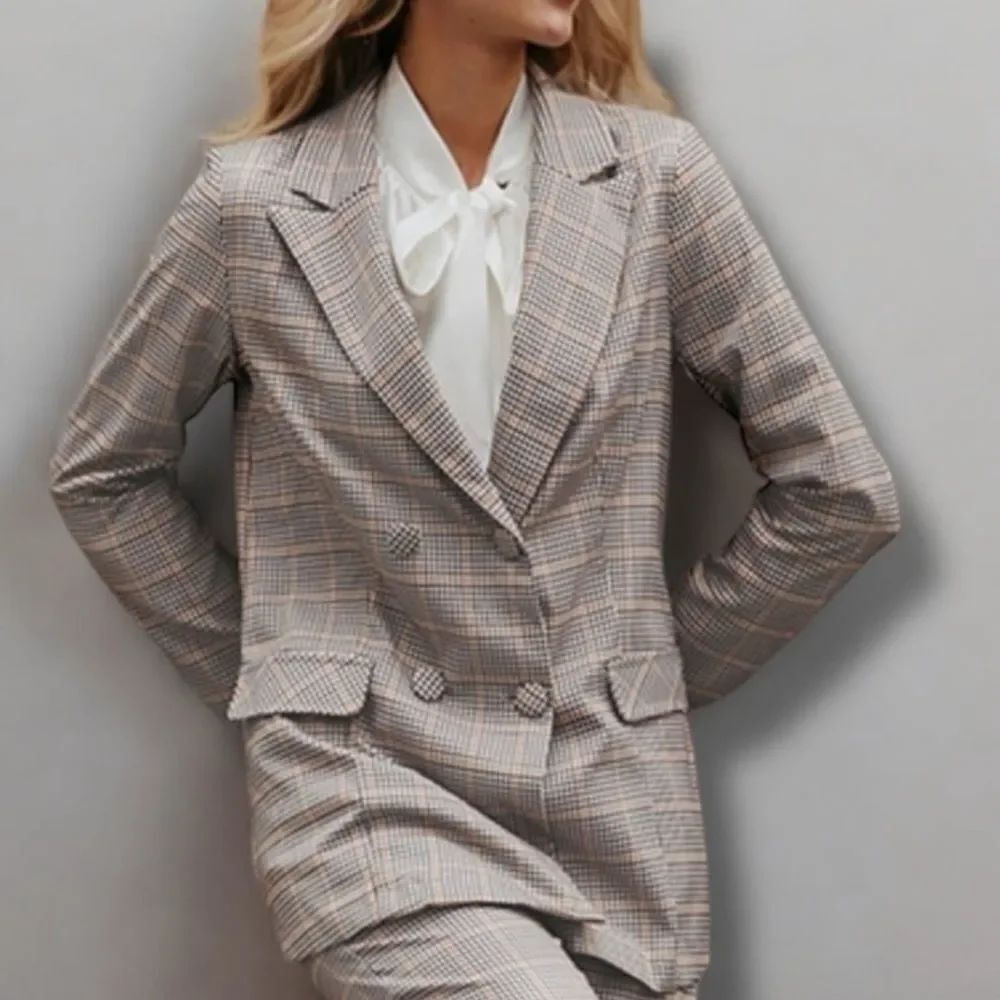 Lightweight Plaid Double Breast Long Blazer Jacket Large